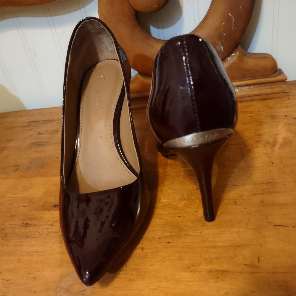Calvin Klein Dark Burgundy Patent Heels Sz 6 Pointed Toe